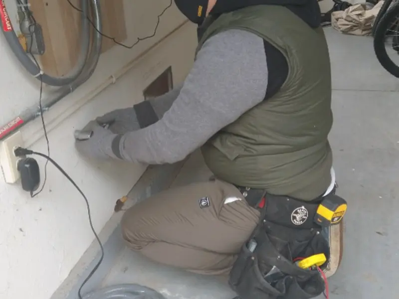 Electrician performing outlet wiring in a Kentwood garage